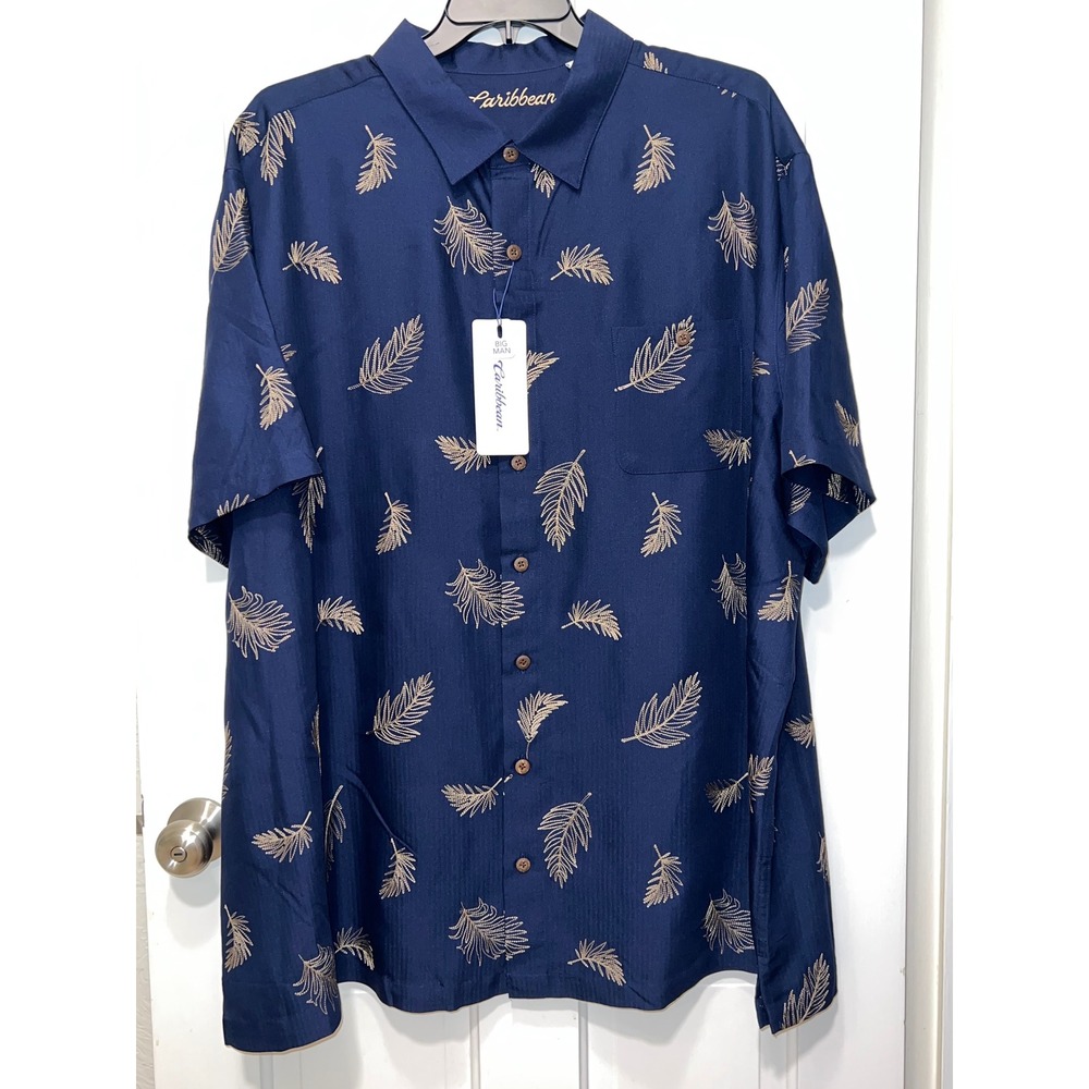 NEW Caribbean Roundtree & Yorke Men 4XB Navy Blue Gold Feather Embroidered Shirt